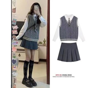 jk制服套装日系学院风领带衬衫V领麻花毛衣马甲背心女显瘦百褶裙
