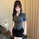 纯欲风夏季 辣妹制服修身 短袖 套装 收腰衬衫 设计衬衣百褶裙套装 新款