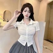 衬衫 短款 女2025夏季 显瘦修身 上衣 t恤收腰衬衫 纯欲风辣妹遮肉短袖
