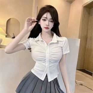 衬衫 短款 女2026夏季 显瘦修身 上衣 t恤收腰衬衫 纯欲风辣妹遮肉短袖