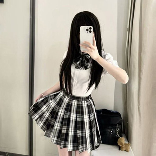 原创JK制服【黑板报】绑带收腰衬衫学院风短袖衬衣校供套装jk格裙