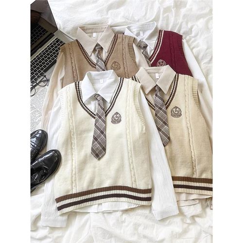 学院风外搭针织马甲背心女秋冬叠穿无袖马夹坎肩宽松v领长袖毛衣