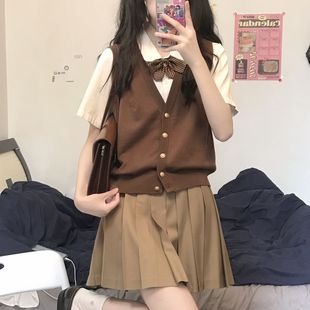日系棕色宽松慵懒风针织开衫 女小公主jk制服原创叠穿毛衣马甲背心