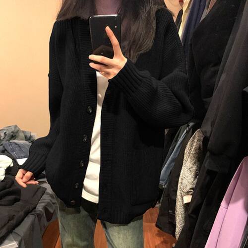 美式复古黑色V领开衫毛衣