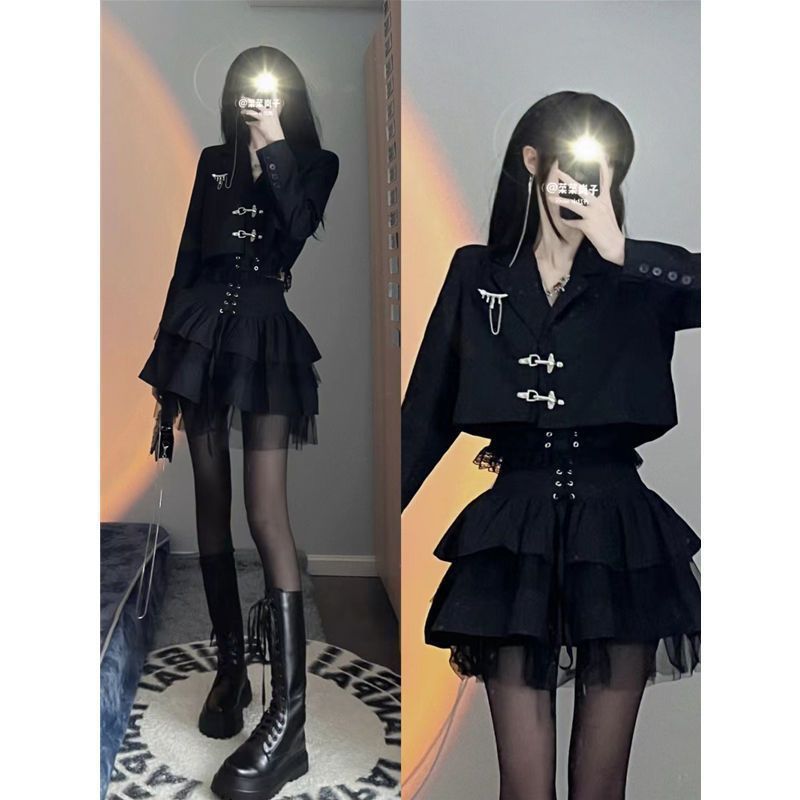 韩版暗黑系小众设计感拼接网纱高