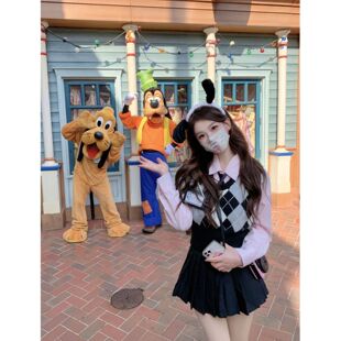 马甲毛衣长袖衬衫上衣女百褶裙套装jk制服秋冬季巨好看三件套菱格