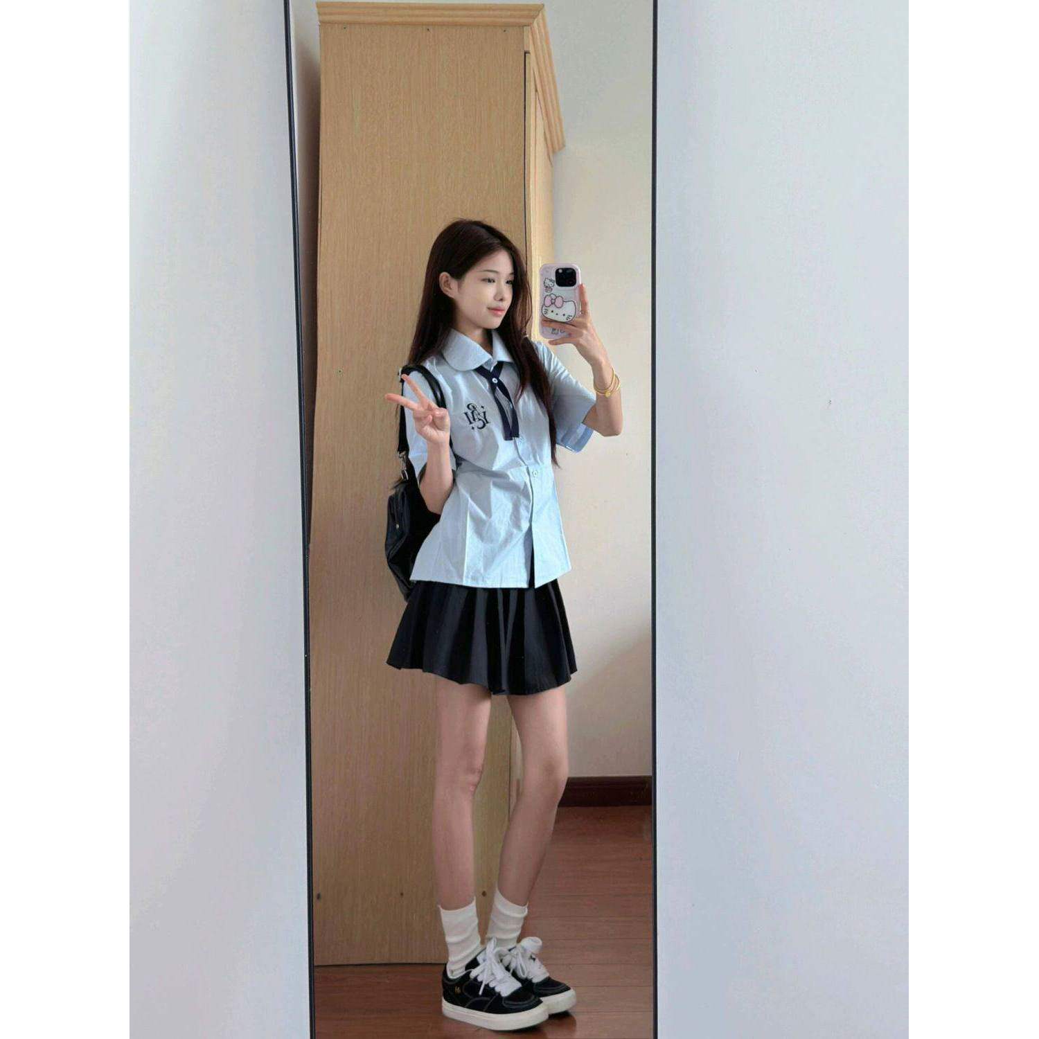 日系甜美休闲套装女夏季2026新款学院风衬衫短袖T恤百褶裙两件套