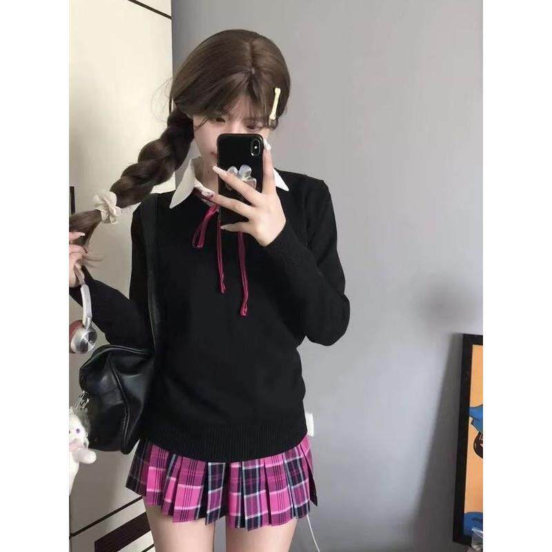jk制服V领套头毛衣外套女日系学院风藏青色百搭长袖针织衫叠穿秋