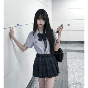 女学院风百搭刺绣水灰色衬衣百褶裙套装 原创jk制服风琴褶短袖 衬衫