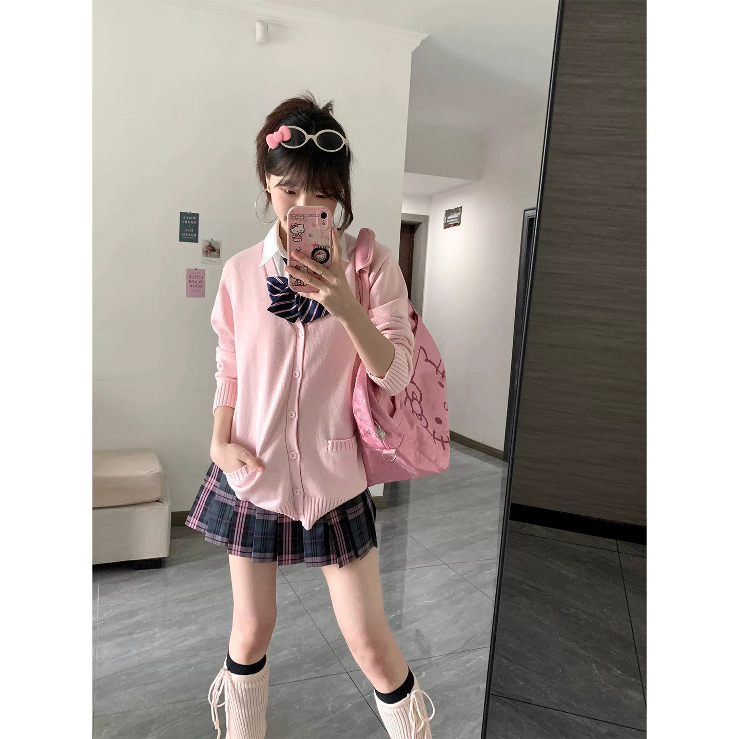 日系JK制服毛衣开衫外套女秋冬学院风制服校供感粉色长袖针织上衣