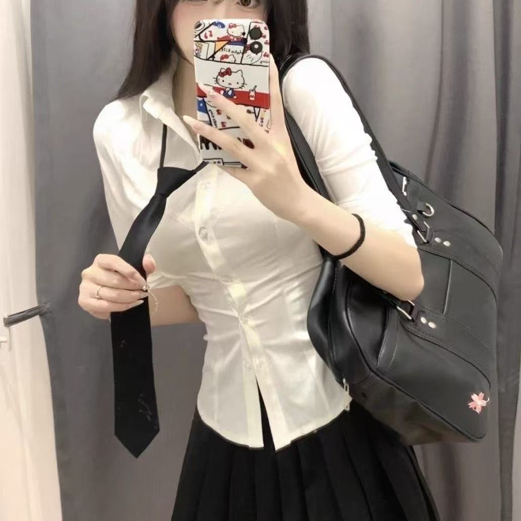 套装学生原创jk长袖衬衫收腰修身纯欲风衬衣百褶裙裙子两件套