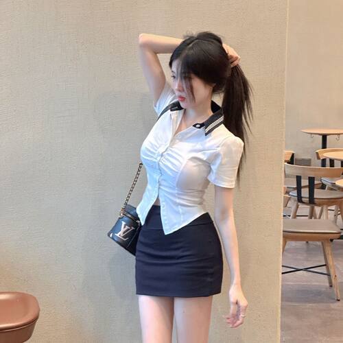 辣妹收腰白色衬衫女学院风新款气质显瘦短袖jk制服衬衣百搭上衣夏