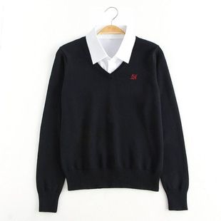 水济中原创JK假两件毛衣V领套头班服刺绣长袖针织衫秋冬校供感ins