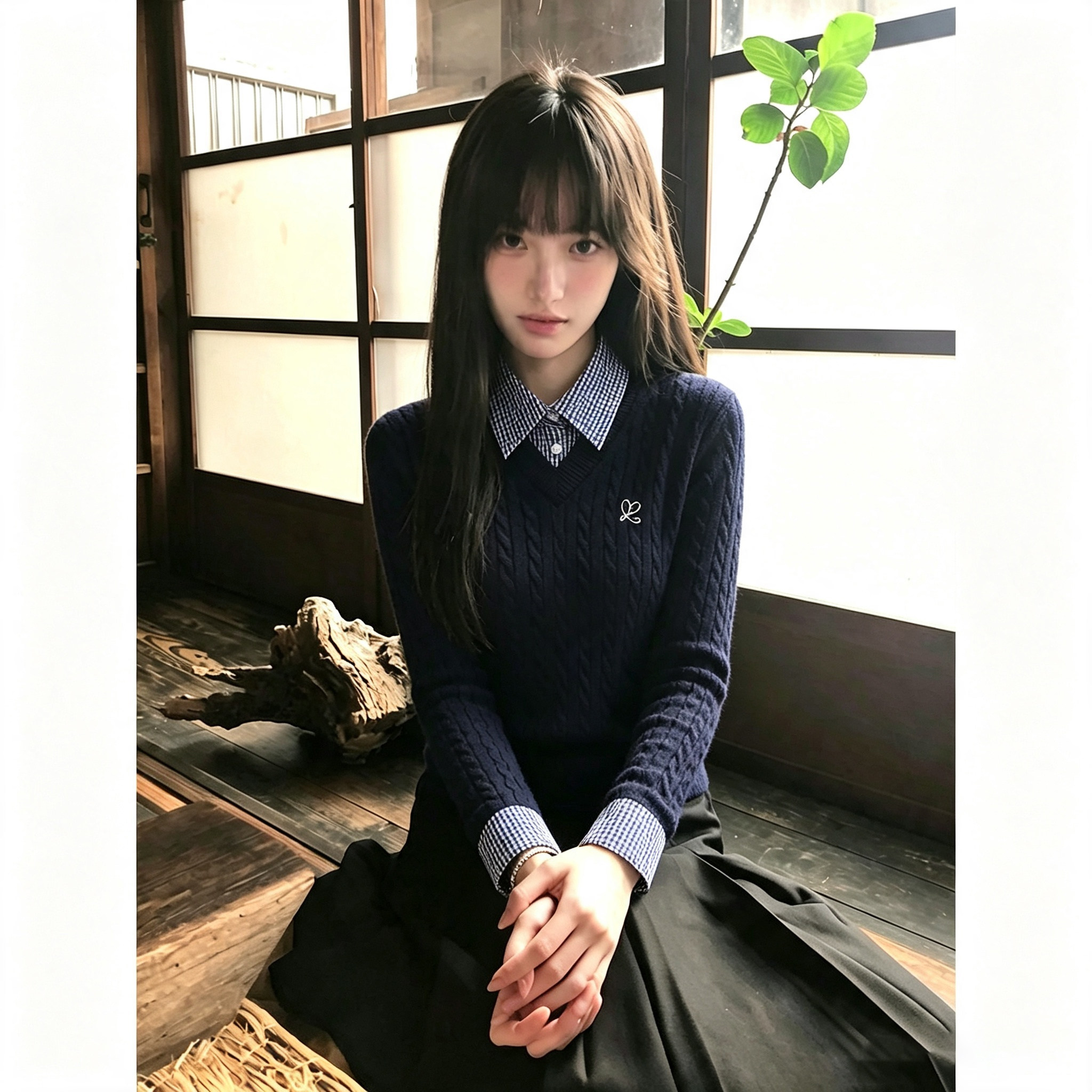 韩系假两件针织衫女款2026早秋新款藏青色麻花毛衣外套学院风上衣