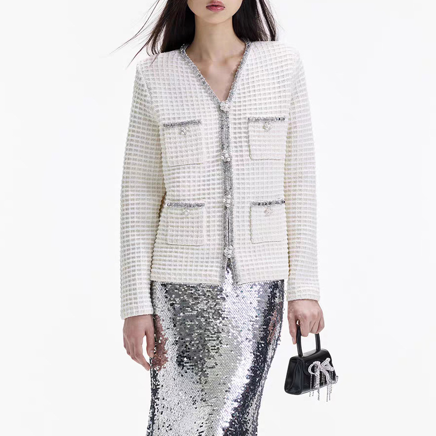 气质优雅重工亮片饰边V领针织衫