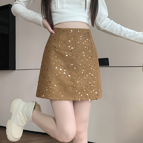 亮片鹿皮绒皮裙半身裙女秋季新款美拉德亮闪闪棕色包臀短裙子