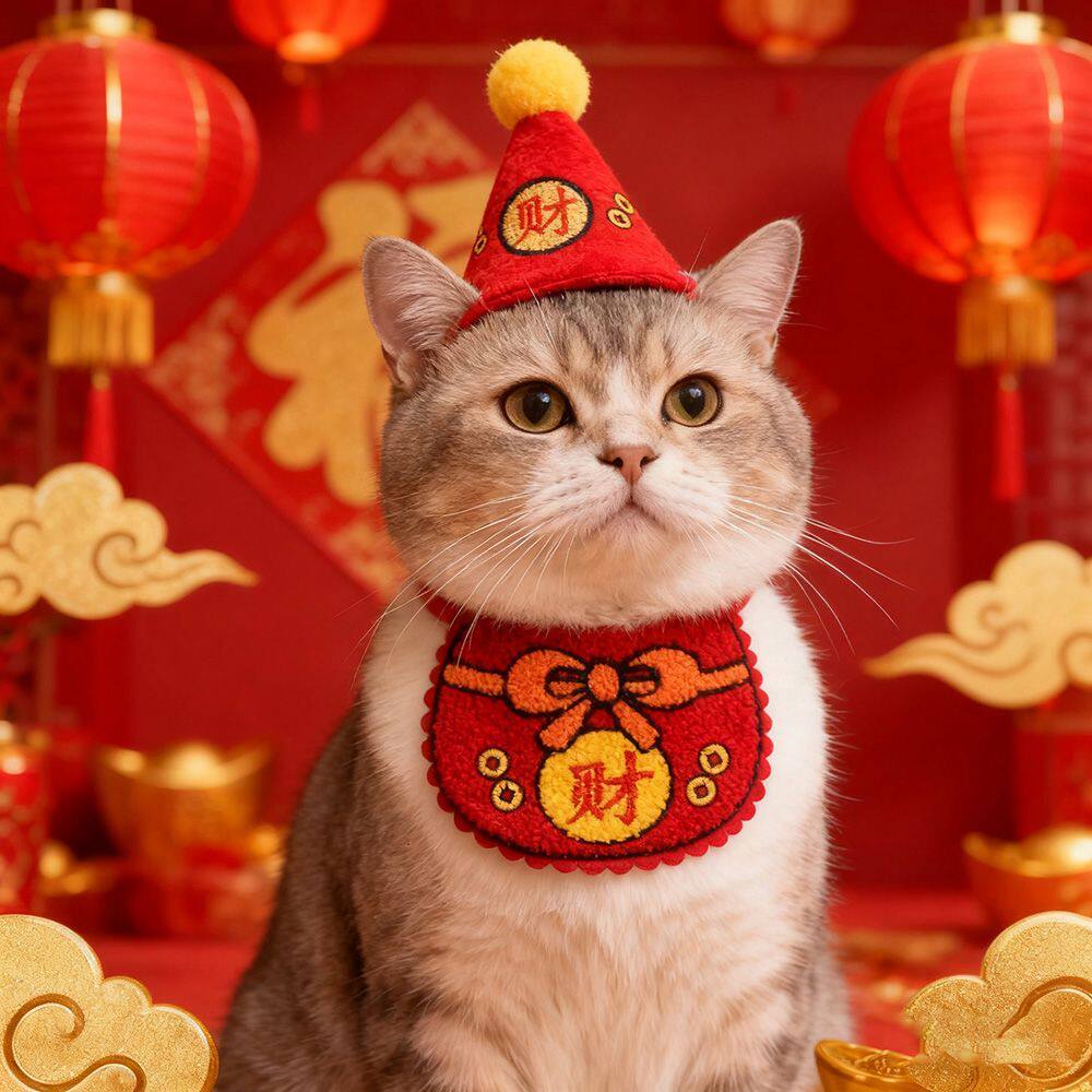 喜庆新年宠物配饰围巾帽子猫咪大型犬红色福元宝刺绣围脖兜口水巾