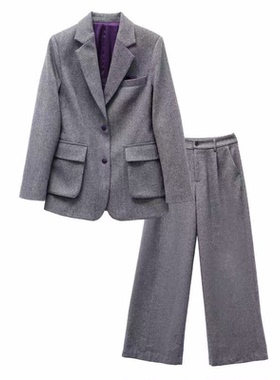 2025新款秋冬设计师高级感轻奢气质灰色西服外套裤子两件套装女
