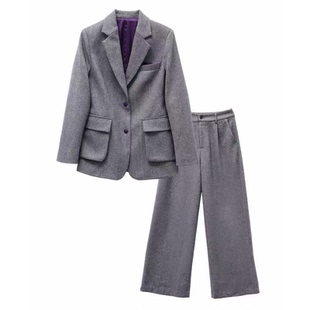 2025新款秋冬设计师高级感轻奢气质灰色西服外套裤子两件套装女