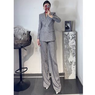 秋冬高定职业工服设计感烫钻条纹西服长裤通勤两件套女
