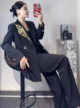 秋冬高级感新款高级感职业西服套装御姐金花两件套装女