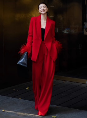 2026轻熟御姐时尚套装宽松红色西装高级感羽毛西服阔腿裤两件套女