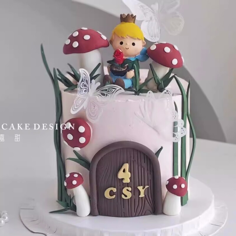 儿童小孩蛋糕装饰蘑菇玫瑰小王子摆件宝宝满月周岁甜品台装扮插件