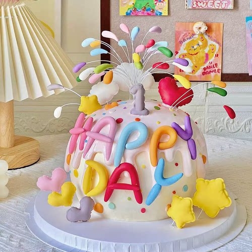 网红彩色礼花蛋糕装饰儿童男孩女孩周岁字母气球爱心烘焙翻糖模具
