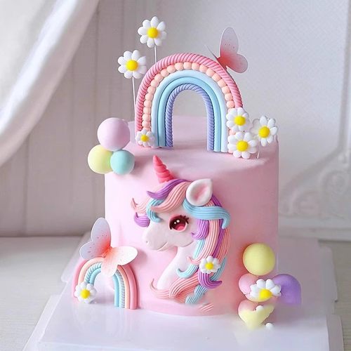 儿童梦幻粉色系生日蛋糕装饰独角兽蝴蝶摆件童话梦彩虹烘焙插件