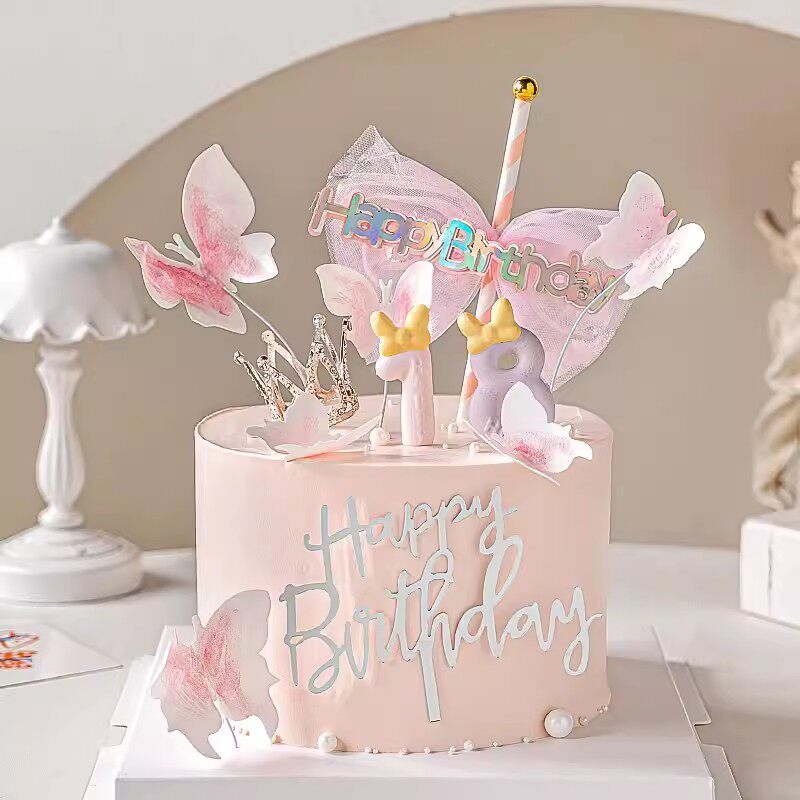 粉色系网纱蝴蝶结蛋糕装饰女生女神皇冠18岁生日快乐甜品派对装扮