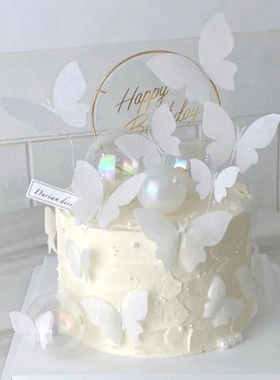 七夕网红白色蝴蝶蛋糕装饰插牌铁艺亚克力生日快乐烘焙西点甜品台