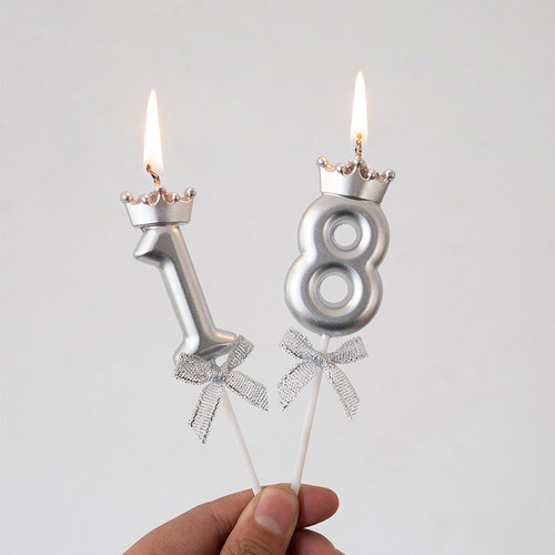 香槟金银色皇冠蝴蝶结数字蜡烛蛋糕插牌18岁女神公主生日派对装扮