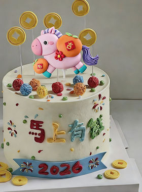 简约2026新年马年仪式感马上有钱蛋糕装饰苹果柿子小马驹金币插件