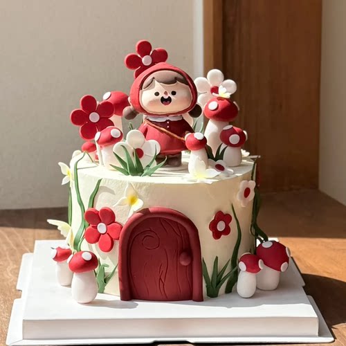 小红帽采蘑菇的小女孩蛋糕装饰摆件儿童公主女孩生日烘焙装扮插件