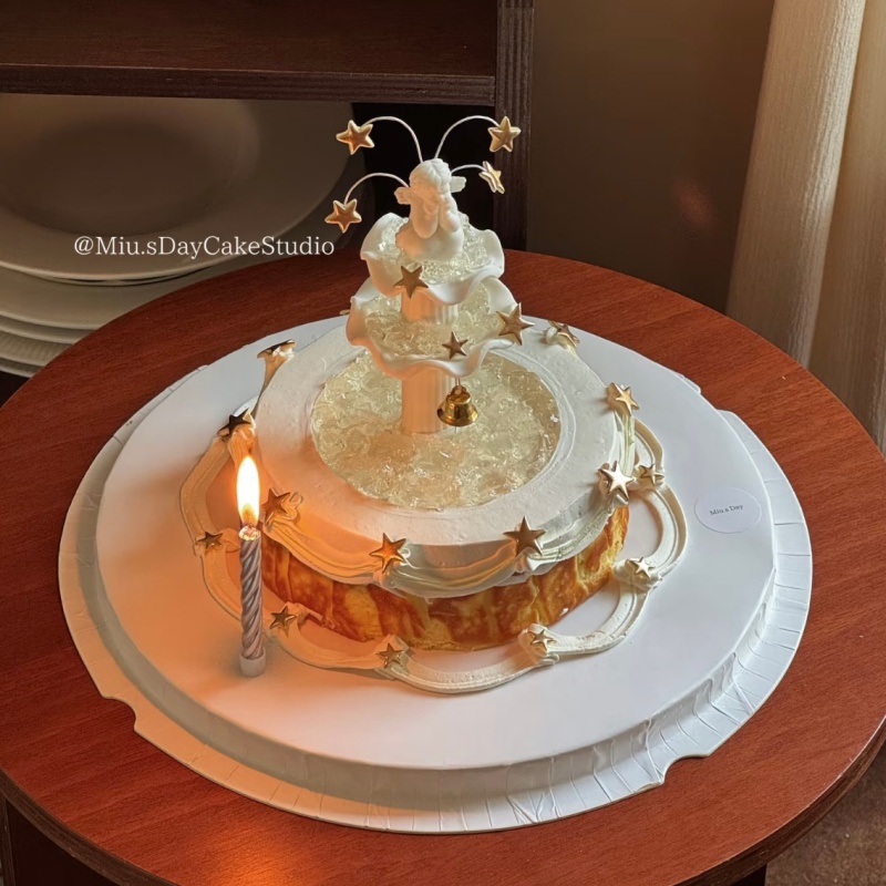 网红许愿池巴斯克蛋糕装饰摆件复古罗马柱天使女神生日甜品插件