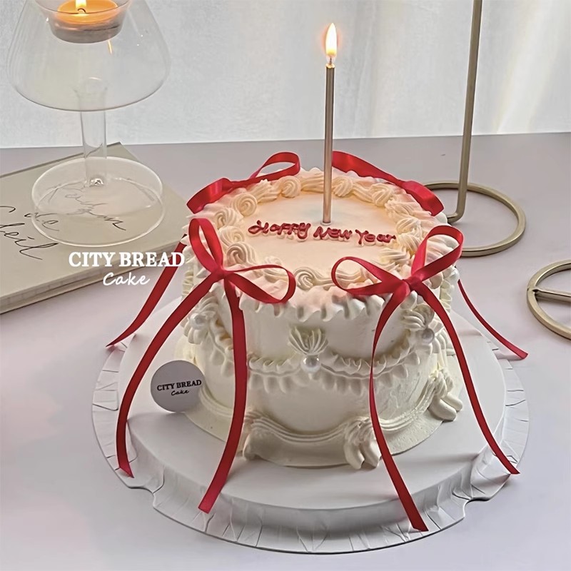 圣诞新年跨年网红烘焙蛋糕装饰插件红色丝带蝴蝶结糖珠蜡烛