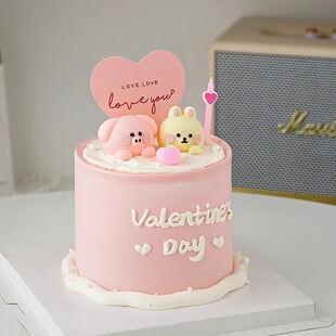 饰可爱小猪小兔摆件情侣告白520爱心插牌插件 2026情人节蛋糕装