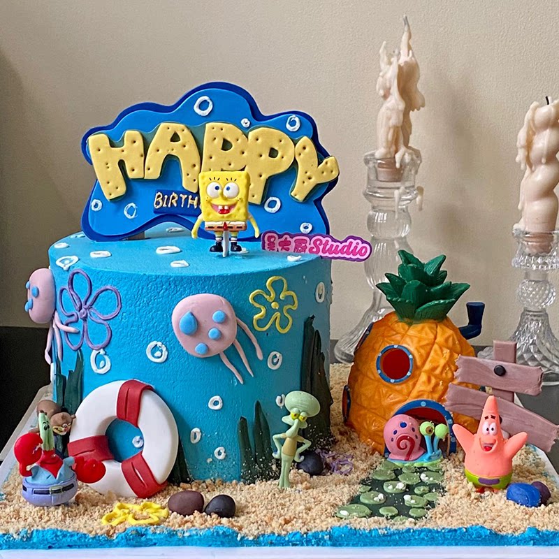 海绵宝宝蛋糕装饰摆件派大星章鱼哥蟹老板菠萝屋生日主题烘焙配件