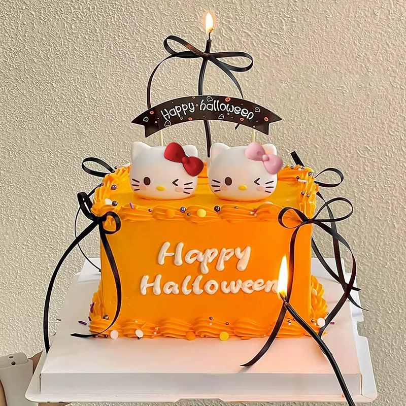 2025万圣节蛋糕装饰蝴蝶结KT猫摆件Halloween拱门插牌蜡烛插件