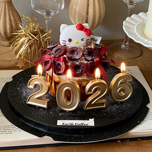 爆款2026新年跨年元旦KT猫车厘子巴斯克蛋糕装饰数字蜡烛DIY丝带