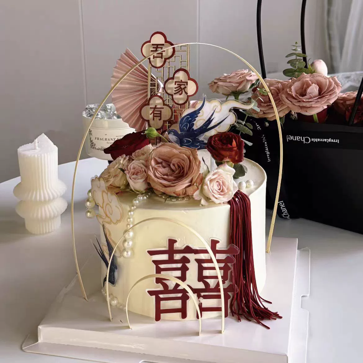 网红新中式国风婚礼蓝喜鹊木棉扇木质屏风古风插件蛋糕装饰插排