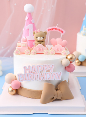 可爱粉色蓝色小熊熊火车软胶玩偶摆件卡通儿童生日蛋糕甜品装饰
