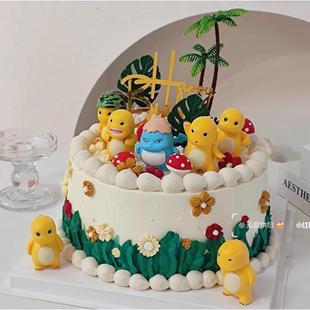 网红黄色小奶龙蛋糕装饰摆件卡通可爱奶嘟嘟小恐龙蘑菇椰子树装扮