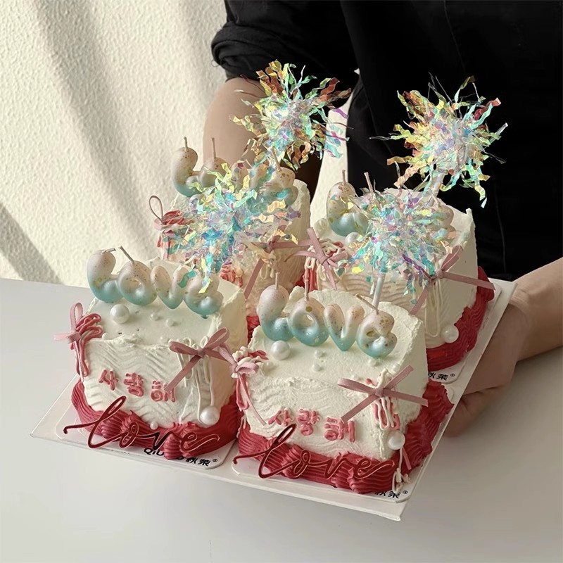 2025情人节蛋糕装饰渐变love蜡烛雨丝亚克力插件情侣告白烘焙装扮