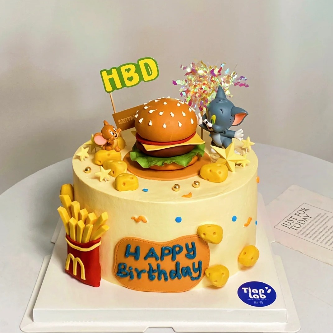网红麦当劳猫和老鼠摆件蛋糕奶酪小蛋糕汤姆猫生日快乐插牌插件