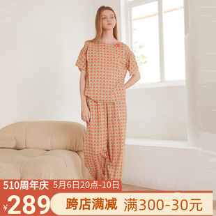 薄款 朵朵可可简约套头圆领短袖 家居服女夏季 长裤 纯棉格子睡衣套装