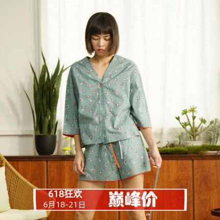 朵朵可可网红款纯棉印花睡衣女春夏七分袖V领开衫短裤家居服套装