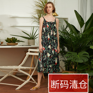 印花棉绸家居裙过膝长款 朵朵可可性感吊带睡衣裙女夏季 清仓打折