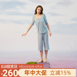 简约套头家居服套装 朵朵可可夏季 七分裤 弹力针织睡衣女短袖 修身