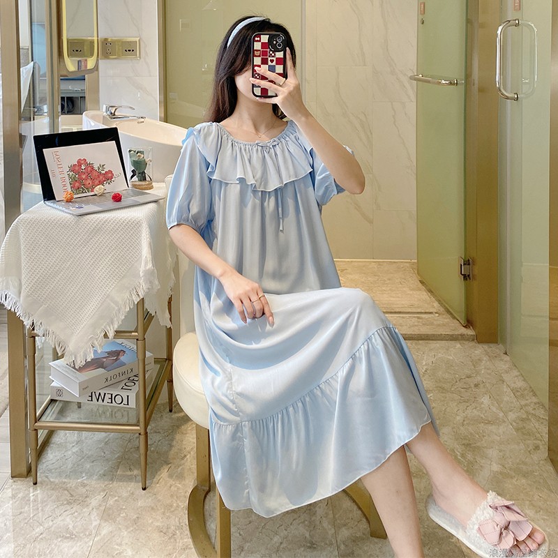 睡衣女夏款纯棉绸睡裙一字领新款纯色连衣裙短袖韩版可外穿家居服